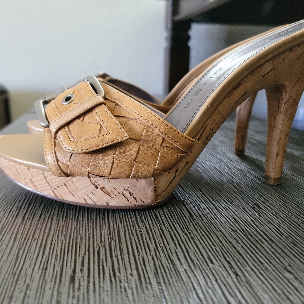 Marc Fisher | Leather Tan High Heel Cork Shoes W/ Buckle Macys - Picture 11 of 17